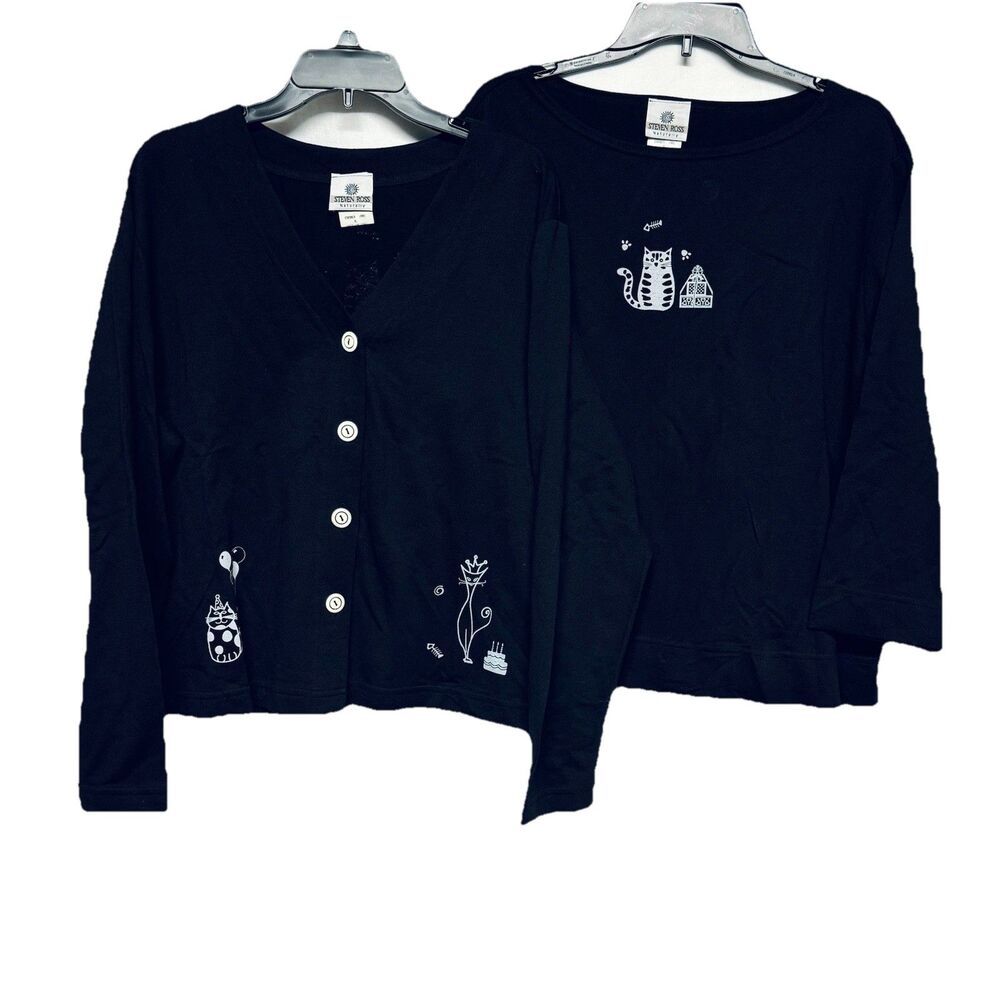 Vintage Steven Ross Top & Cardigan Set Women's XL Cats Design Black / White USA